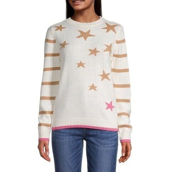 St John's Bay Size Medium Stars Print Striped Sleeve Pullover Sweater Cream Pink - Picture 1 of 7